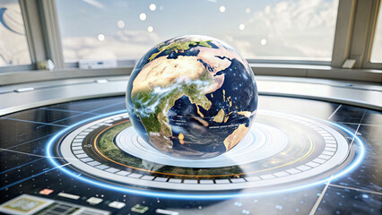 Poster - A holographic globe of Earth rotates on a sleek digital interface, set against a backdrop of advanced technology and bright sunlight