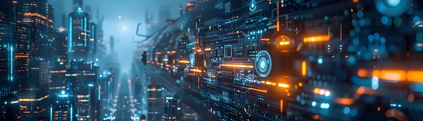 Poster - futuristic cityscape with automated smart infrastructure and ai powered systems
