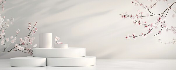 Poster - A 3D podium with a tiered design is set against a pristine background, providing an elegant platform for product display. The ample copyspace enhances the overall aesthetic, making it perfect for