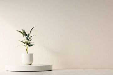 Poster - Against a soft, gradient background, a 3D podium with a matte finish offers a sophisticated platform for product display or text. The ample copyspace allows for versatile use in advertising or