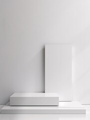Poster - A sleek, rectangular 3D podium is positioned in a minimalist environment, providing a blank canvas for product displays or text. The surrounding copyspace ensures a clean and uncluttered presentation.