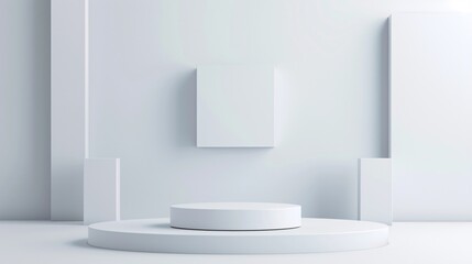 Poster - a sleek 3d podium with a smooth, reflective surface stands in the center of a minimalist background,