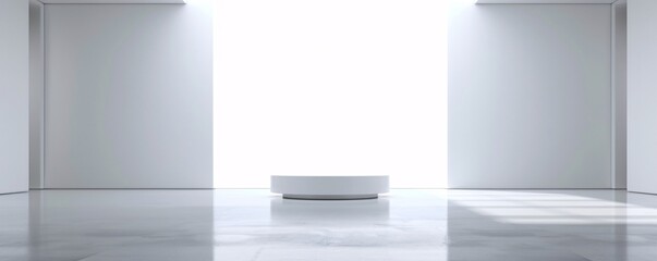 Poster - In a spacious, well-lit environment, a 3D podium emerges from the floor, surrounded by a vast expanse of white space. The simple yet elegant design provides plenty of room for copy, ideal for