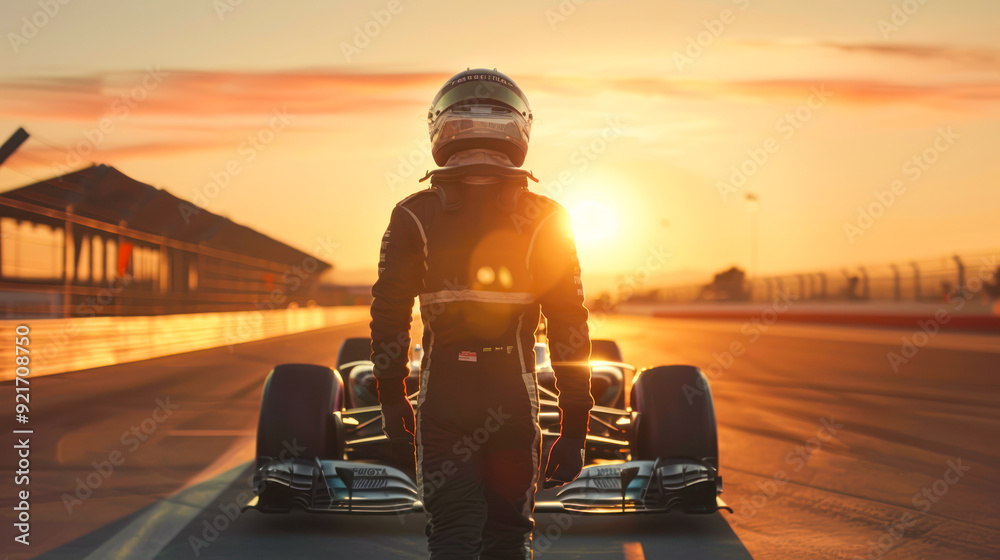 New Formula One pilot going to his racing car on track at sunrise ...