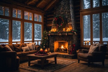 Wall Mural - Fireplace with christmas decorations in a cozy warm forest wooden log house cabin