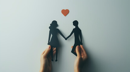 Man and woman holding hands, paper cut out figures on a light background, concept of romantic love couple or family 