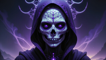 A symmetric portrait of a female evil cursed necromancer features dissolving into curse magic