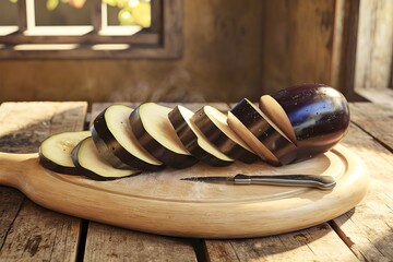 Wall Mural - Sliced eggplant on the cutting board on the table