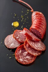 Wall Mural - Sliced salami sausage. On a black background