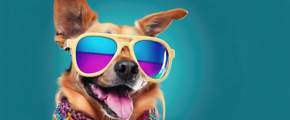 dog wearing sunglasses on a solid color background, vector art, digital Generative AI.





