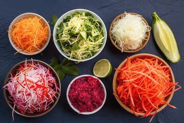 Wall Mural - Fresh grated vegetables in bowls on the table