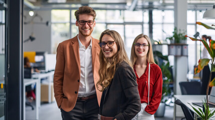 Wall Mural - Young Business People in Office: Group of young business people collaborating and engaging 