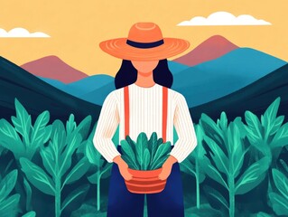 Poster - of a flat design depicting organic farming and pesticide free crop cultivation in a natural sustainable environment