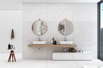 Interior of modern bathroom with double white ceramic basins on wooden surface, white marble with silver veins walls, concrete floor, comfortable white bathtub, wooden furniture. 3D Rendering