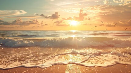 Golden sunset over the ocean, with waves crashing on the sandy shore.