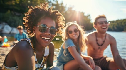 Group of diverse friends enjoying summer freedom by the lake shore at sunset.