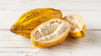 Half sliced ripe yellow cacao pod with white cocoa seed ,Cut in half fresh ripe cacao and green raw cacao fruit on white wooden background