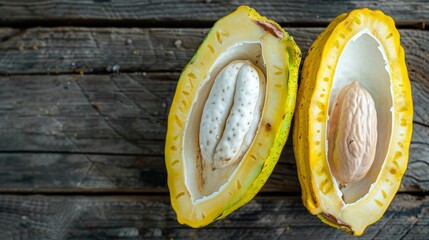 Half sliced ripe yellow cacao pod with white cocoa seed ,Cut in half fresh ripe cacao and green raw cacao fruit on wooden background,Close-up