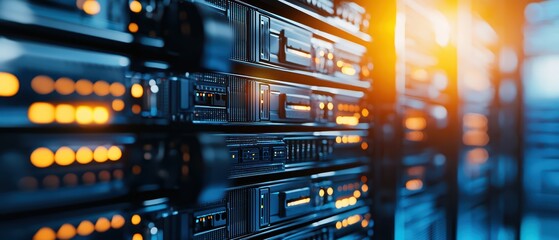 Poster - A close-up view of modern server technology with glowing lights, showcasing the intricacies of data storage and computing power.