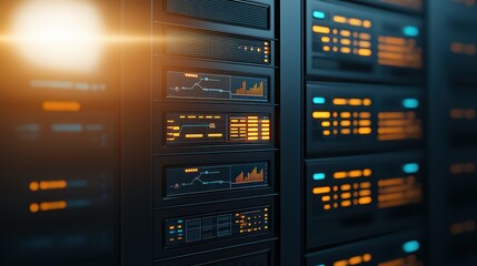 Poster - A close-up view of server racks showcasing technology with illuminated indicators and data displays, representing digital infrastructure.