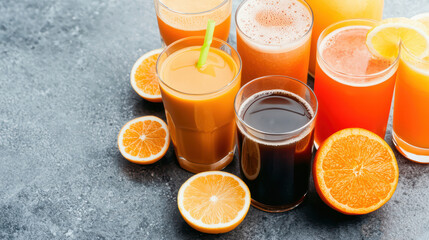 A colorful assortment of fresh juices in glasses surrounded by vibrant orange slices on a textured gray surface.