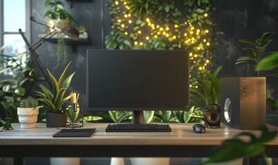 The computer workplace background has a modern model which is a comfortable space Generate AI