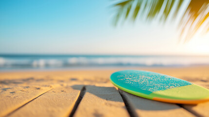 Colorful surfboard on sandy beach with ocean and palm leaves at sunset