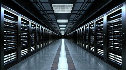Poster - A modern data center corridor showcasing rows of servers and sophisticated technology in a sleek, futuristic environment.