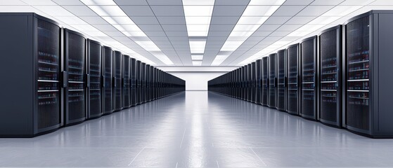 Poster - A modern data center with rows of servers in a pristine environment, designed for efficient data storage and management.