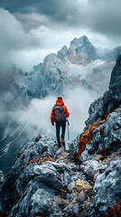 Poster - Determined Hiker Navigating a Steep Rocky Path Towards Distant Cloudy Peaks