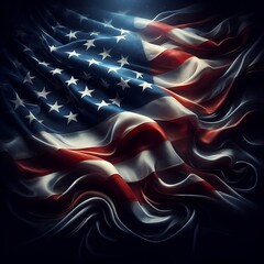 Wall Mural - Close-up of the American flag with vibrant stars and stripes against a dark backdrop, symbolizing freedom and patriotism.