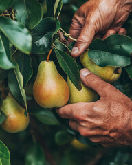 Wall Mural - A close-up of a farmer's hands carefully picking ripe pears from a tree, with some leaves still attached.