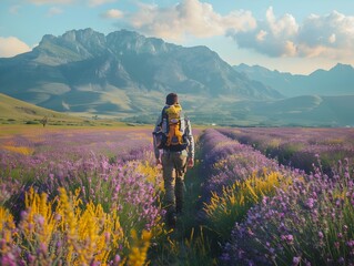 Wall Mural - Hiker trekking through a lavender field with mountains in the distance on a calm breezy day