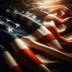 Wall Mural - Close-up of the American flag with vibrant stars and stripes against a dark backdrop, symbolizing freedom and patriotism.