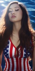 Poster - Asian woman american swimsuit Style background, ai generated