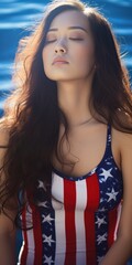 Poster - Asian woman american swimsuit Style background, ai generated