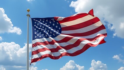 Wall Mural - A vibrant United States flag waves against a partly cloudy sky, symbolizing American patriotism and national pride.