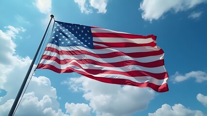 Wall Mural - A vibrant United States flag waves against a partly cloudy sky, symbolizing American patriotism and national pride.