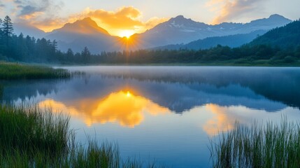 Wall Mural - Mountain Lake Sunset.