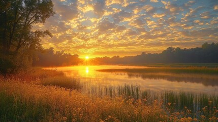 Wall Mural - Golden Sunrise Over Foggy River.