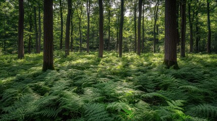 Poster - Sunlight Filtering Through a Fern-Filled Forest