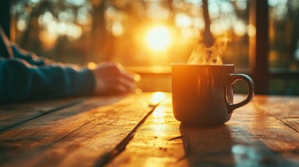 Morning Coffee on Wooden Table with Golden Sunset.