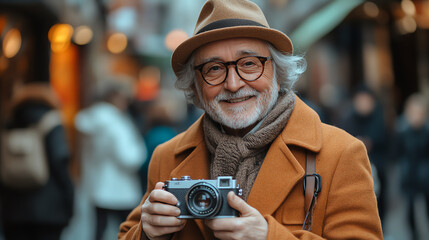 A cheerful elderly man holding a camera, wearing a stylish hat and scarf, capturing memories in a vibrant urban setting.