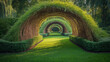 © Наталья Евтехова - A willow hedge with a natural archway formed by bending branches, inviting viewers to imagine what lies beyond, with the arch creating a focal point in the scene, with copy space