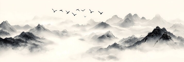 A black and white ink painting of a mountain range with birds flying overhead.