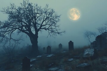 6. An eerie landscape featuring a graveyard with crooked tombstones, a creepy tree with no leaves, and a dense fog rolling in, obscuring the full moon