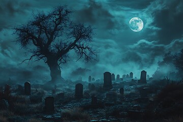 6. An eerie landscape featuring a graveyard with crooked tombstones, a creepy tree with no leaves, and a dense fog rolling in, obscuring the full moon