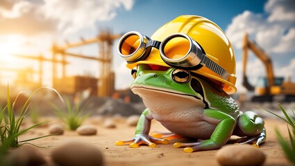 Frog wearing construction helmet blur constraction site.