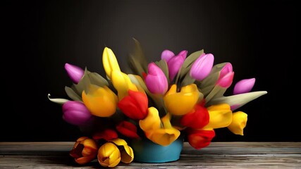 Poster - Colorful tulip bouquet in blue vase on wooden table