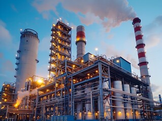 Poster - towering power plant with intricate network of chimneys and pipes emitting steam